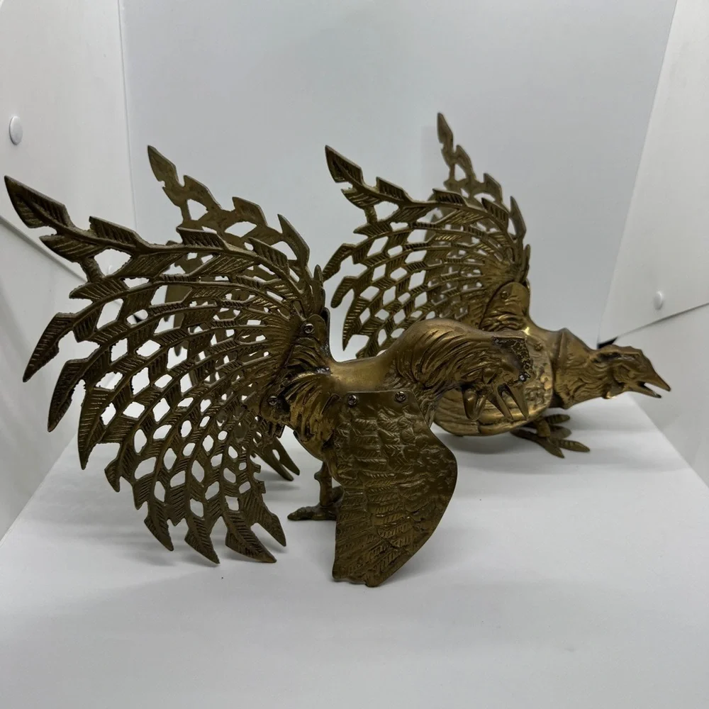 Vintage Brass Fighting Birds Statue Pair - Picture 4 of 11